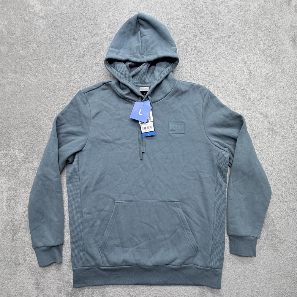 PUMA Hoodie Mens L Blue Pullover Hooded Pockets Lined Fleece Cotton Blend